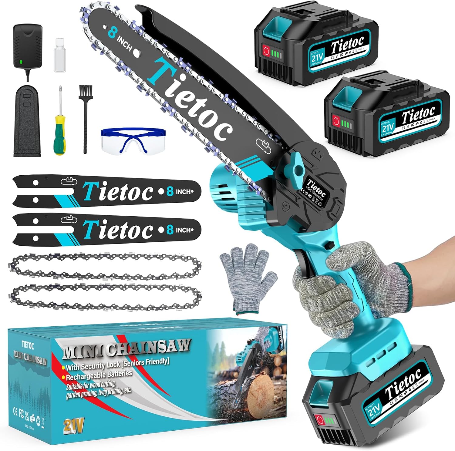Tietoc 8-inch Mini Chainsaw with 2x 4000mAh batteries